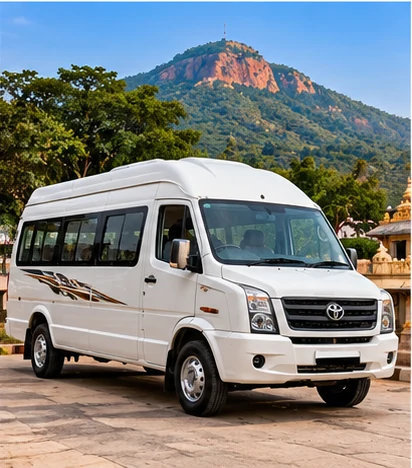 Group travel vehicle near a temple
